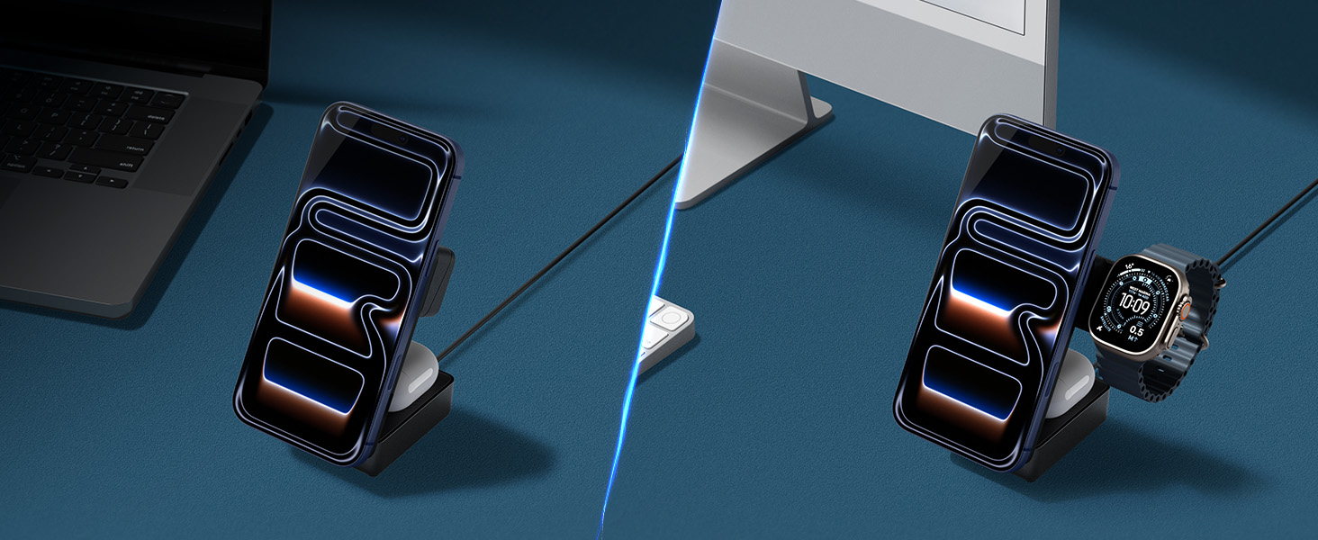 Зарядна станція Spigen Essential Qi2.2 25W 3-в-1 MagSafe для iPhone 17/16 Pro Max, Pixel 10 Pro, AirPods, Samsung Galaxy S26 Ultra - Чорна + USB-C кабель 2м