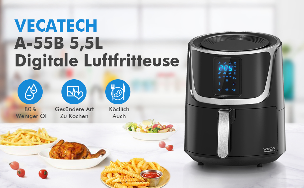 Фритюрниця VECATECH Heißluft XXL 5.5л з цифровим сенсорним екраном, 8 програмами та 1800W - безмасляна фритюрниця для здорового харчування