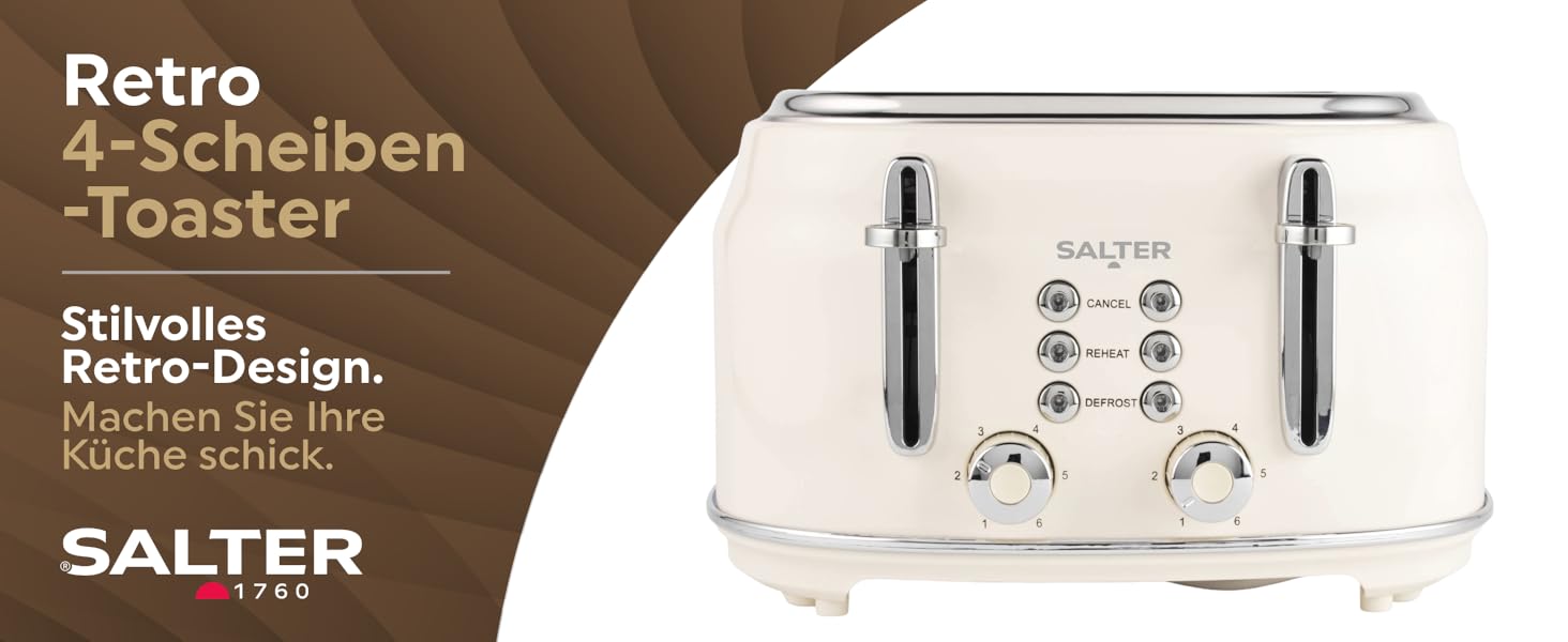 Тостер Salter Retro 4-х секційний, 1,7 л, 3 кВт, кремовий колір, з фільтром від накипу, бездротовий, з індикатором рівня води та процесу приготування, захист від пересихання та автовимкнення