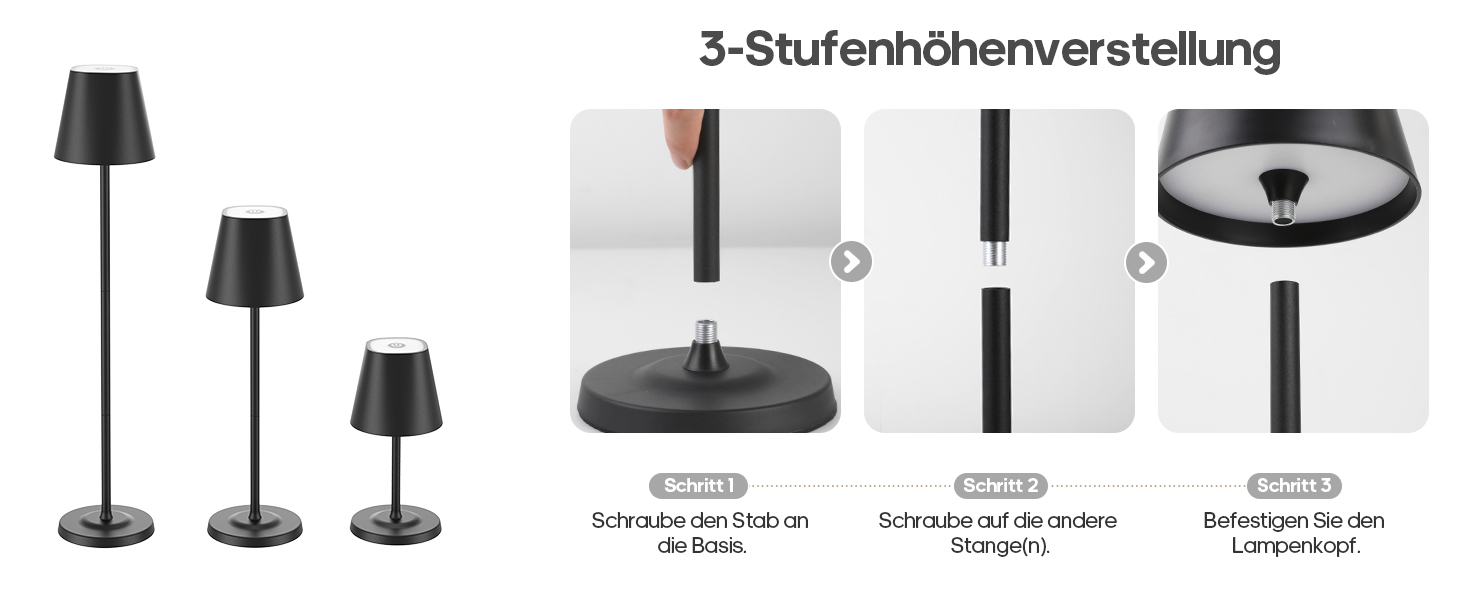 Світлодіодна настільна лампа 3-в-1 бездротова з акумулятором 5500mAh, регульована висота, димування, 3 кольори світла - USB акумуляторна настільна лампа металева водонепроникна сенсорна для дому та вулиці, чорна (набір 2 шт.)