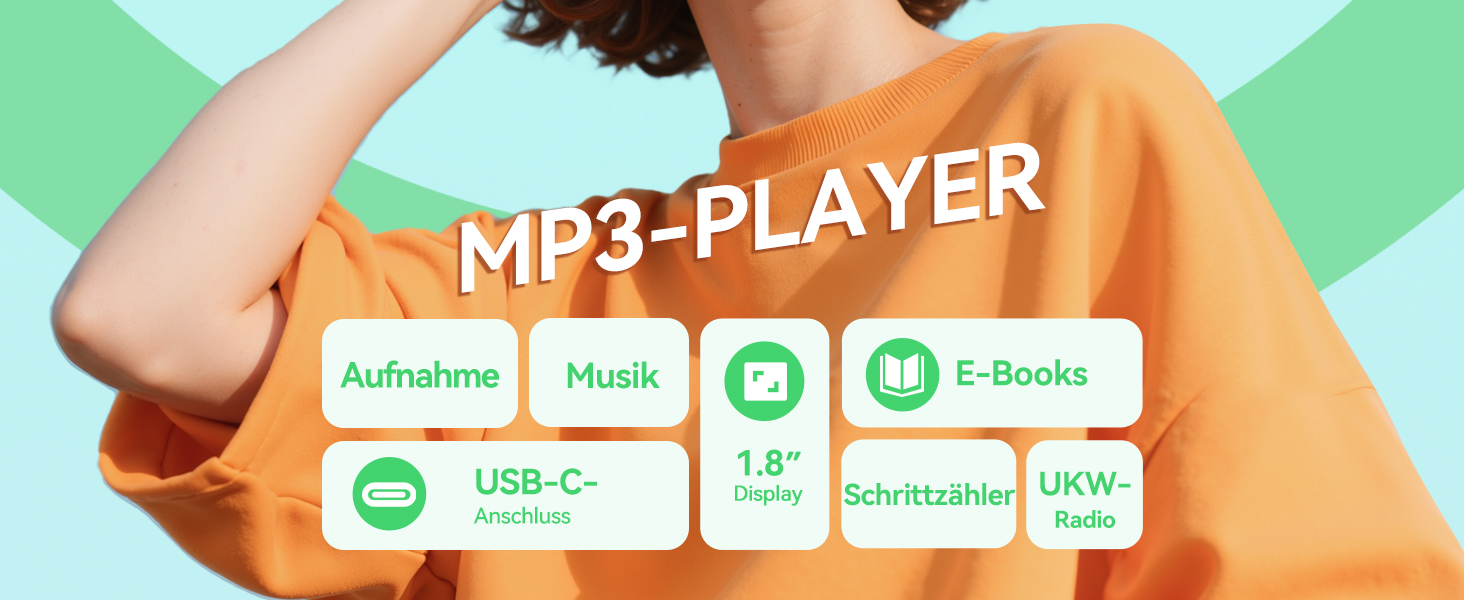 MP3 плеєр AGPTEK з Bluetooth, 1.8-дюймовий дисплей, вбудований динамік, FM-радіо, HiFi звук, підтримка карт пам'яті до 128 ГБ (Чорний)