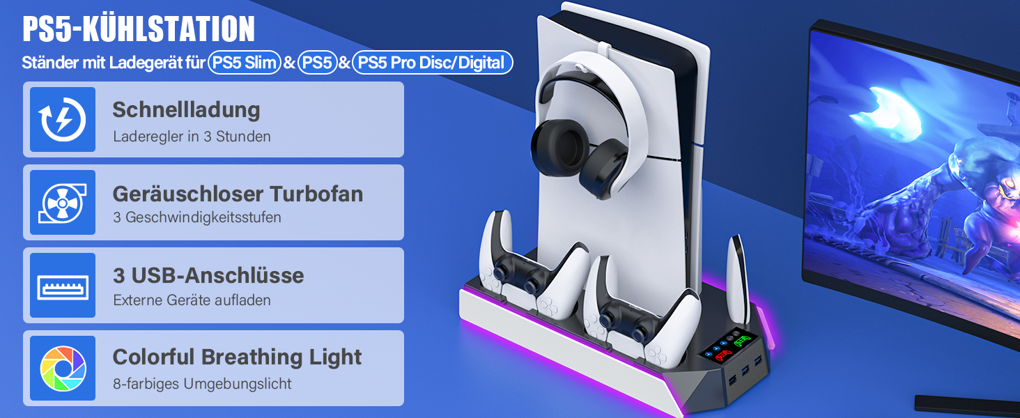 Підставка для PS5 Slim/Pro з зарядною станцією для контролера PlayStation 5 (Disc/Digital), аксесуари PS5 з RGB підсвіткою, вентилятор, тримач для навушників, USB хаб, чорно-білий, Q511