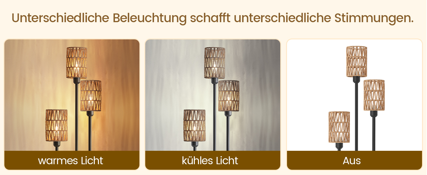 Стельова лампа для вітальні з полицею, 3-лампова торшер з етажеркою у стилі вінтаж, бохо торшер з дерева з вимикачем на ніжці, патрон E27, ретро-дизайн у кольорах коричневого та бежевого, ZEF53LDD05 (Ротанг, Чорний)