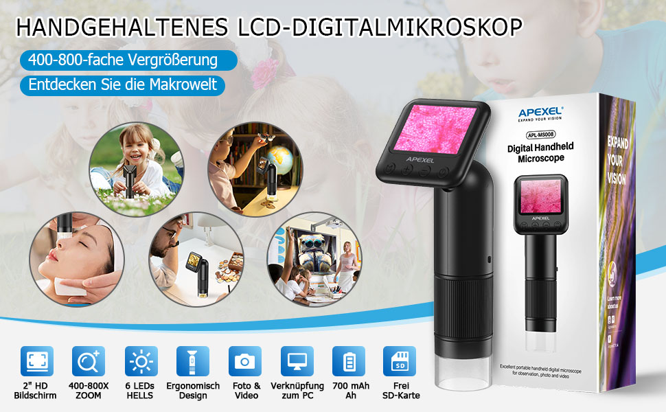 Портативний кишеньковий мікроскоп LCD 800x з LED підсвічуванням, USB підключення до ПК, SD-карта та слайди - MS008