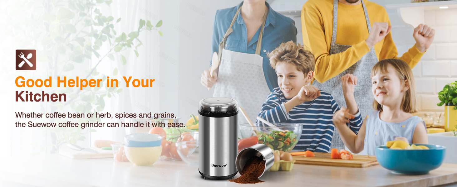 Електрична кавомолка Suewow: потужний 200W мотор, для кави, спецій, горіхів. Багатофункціональна, велика ємність (срібна)