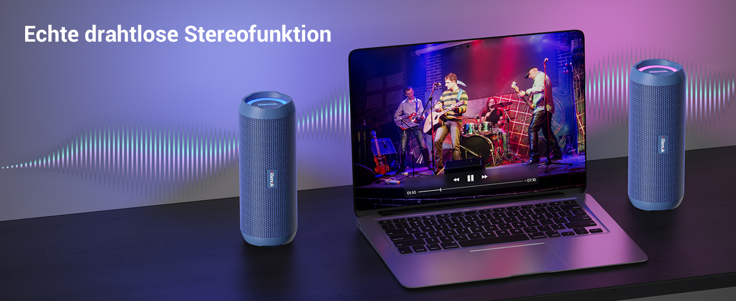 Bluetooth портативна колонка RIENOK з підсвічуванням, IPX7, 3600 mAh, баси, стерео звук (Блакитний)