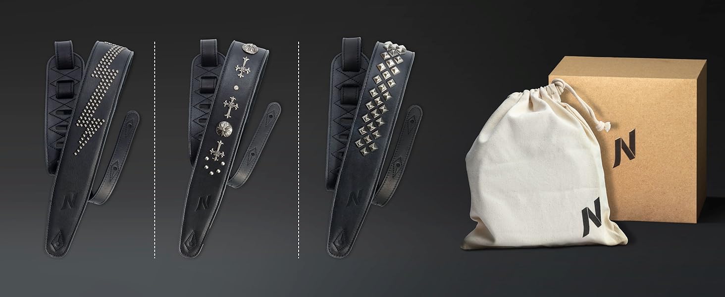 Гітарний ремінь Nefelibata з повном'якої шкіри, з підкладкою з піни, з срібними заклепками, для електро-, акустичної та бас-гітари (2,5' ширини, карбон-чорний), з хрестом