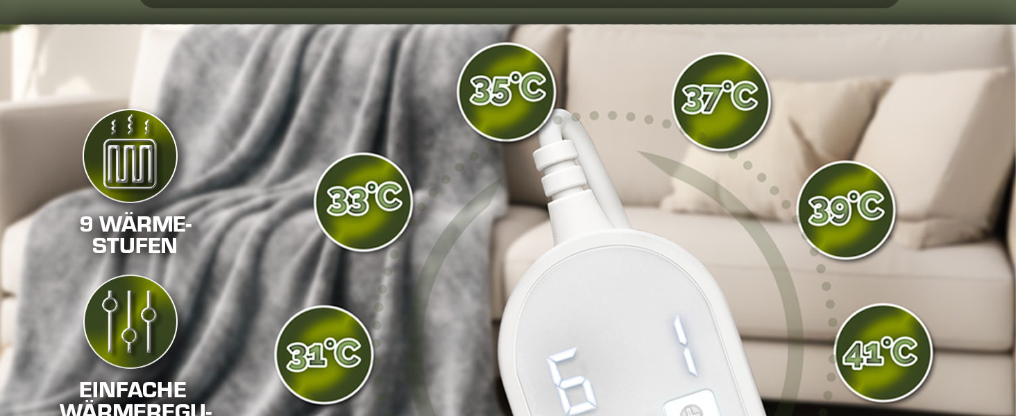 Sinnlein® Електрична гріюча ковдра з плюшу 200 x 180 см | 9 температурних режимів | Таймер | Зручна ковдра | Відключення за таймером | Можливість прання до 40°C | Digitalanzeige