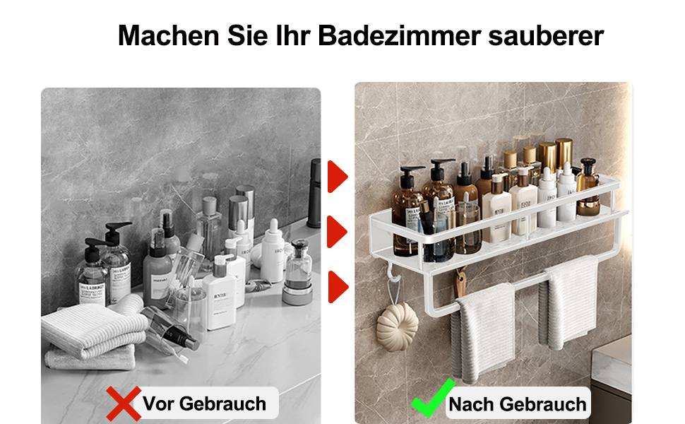 Поличка для душу Devesanter без свердління, 2 шт. з тримачем для рушників та 6 гачками. Органайзер для ванної кімнати, спальні, кухні (40 см, білий)