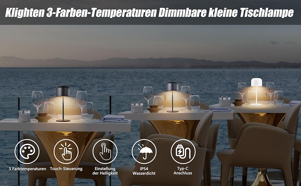 Акумуляторний LED світильник Klighten настільний диммований, чорний, алюміній, IP54, 21 см. З USB-C, 3 кольори світла (3000K-6000K)