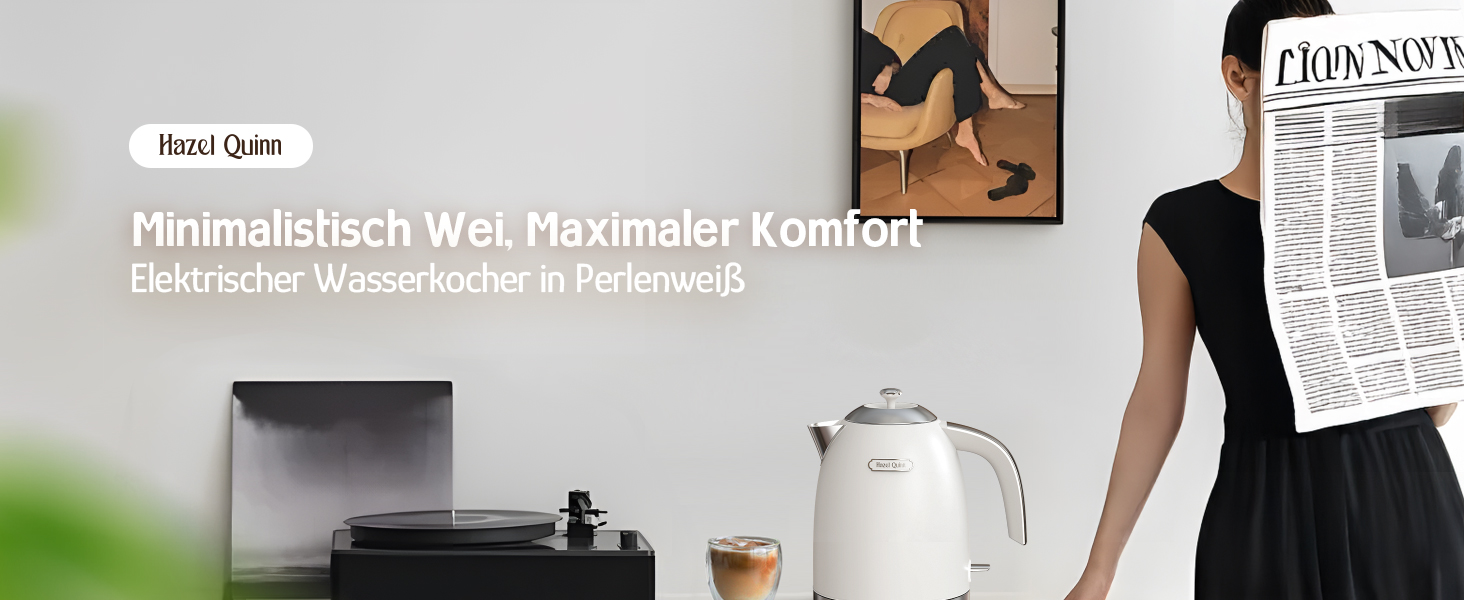 Електричний чайник Hazel Quinn Schneller 2200 Вт, 1.7л, нержавіюча сталь 304, перловий білий, з функцією швидкого кип'ятіння, автоматичним вимкненням та захистом від сухого кип'ятіння, вінтажний дизайн, BPA-free