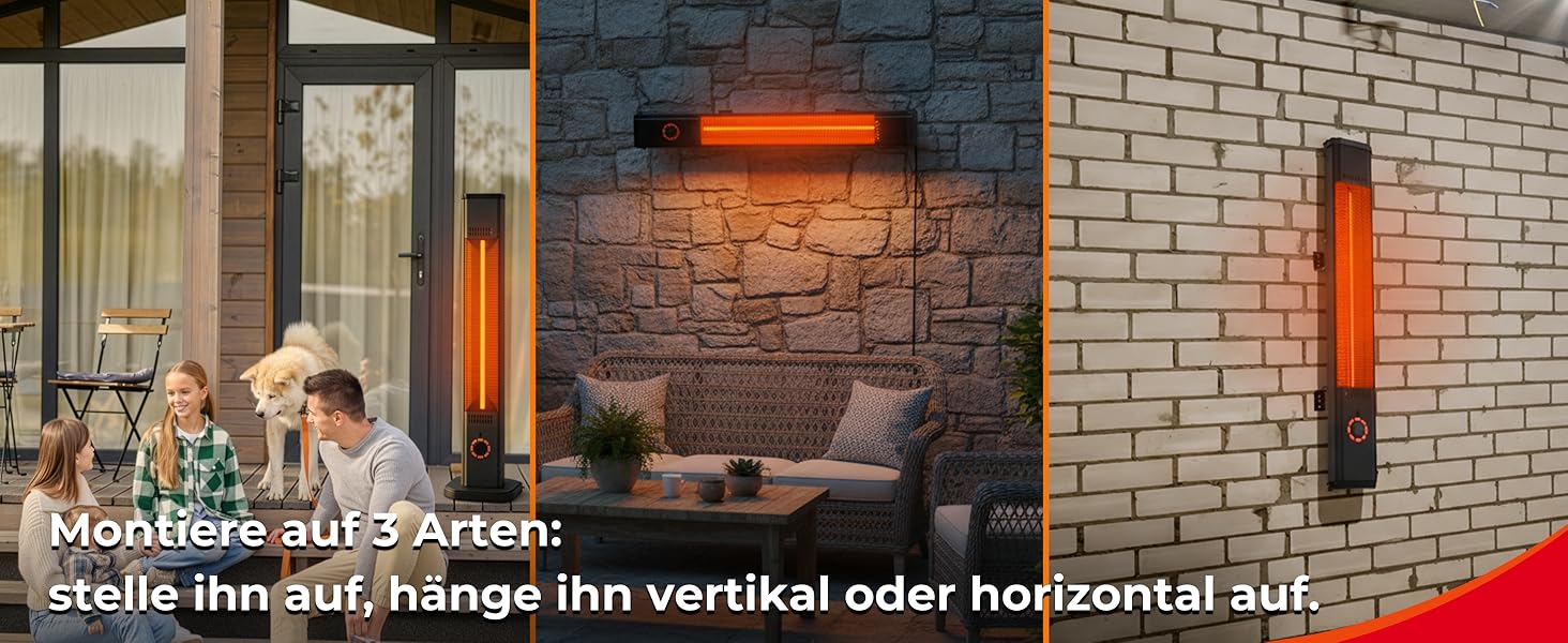 Інфрачервовий обігрівач Climative 2500W – електричний обігрівач з 9 рівнями, IP65 для тераси та приміщення, настінний, з пультом та таймером, чорний