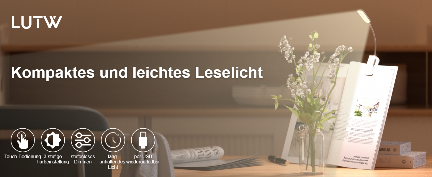 USB LED лампа для читання з кліпсою, 3 режими температури кольору, регульована яскравість, гнучка на 360°, для ліжка, столу та подорожей, біла