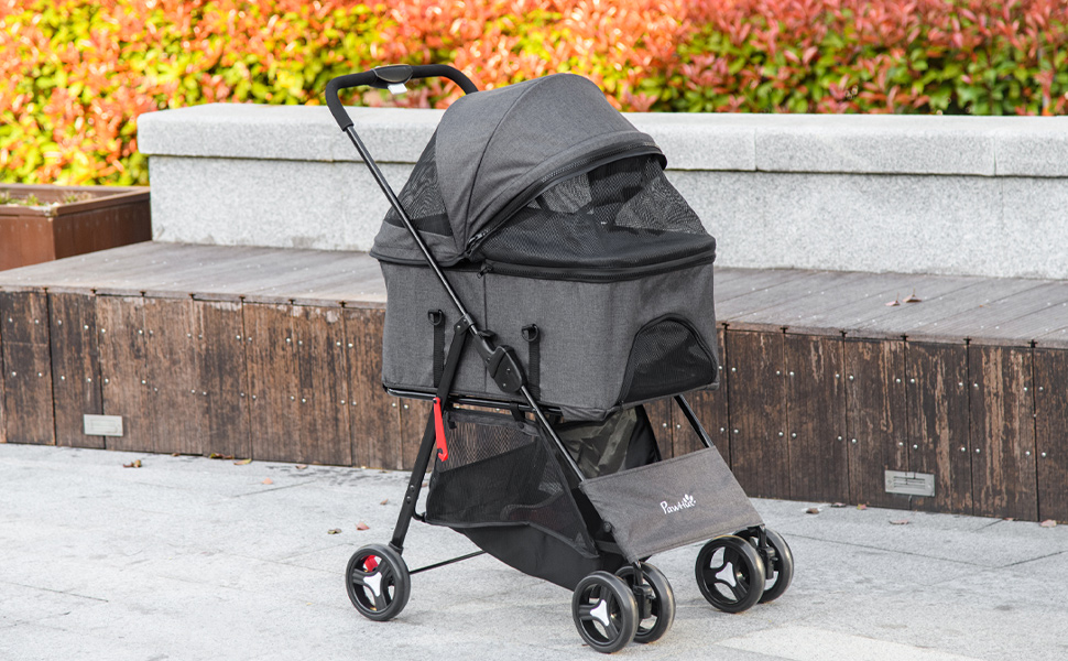 Візок для собак PawHut 3 в 1: зручний транспортний кошик на 4 колесах з регульованим дахом та м'яким килимком, сірий