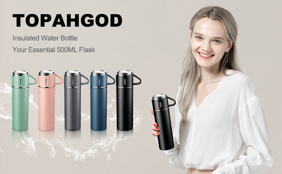 Stainless Steel Thermos Flask with Cup and Handle - 500ml Insulated Travel Mug, Leak-Proof, Double-Walled, Vacuum Insulated, Hot/Cold for Kids, Sports (Black)