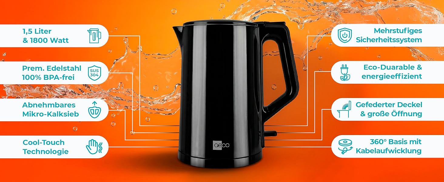 Електричний чайник Aeco AQA NEO з нержавіючої сталі, 1.7 л, 2150 Вт, без BPA, фільтр від накипу, бездротовий, CoolTouch, шампань сріблястий