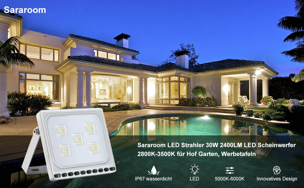 Світлодіодний прожектор Sararoom 30W, 4000 Лм, IP65, тепле біле світло, 48 LED, для вулиці, саду, гаража, спортивного майданчика