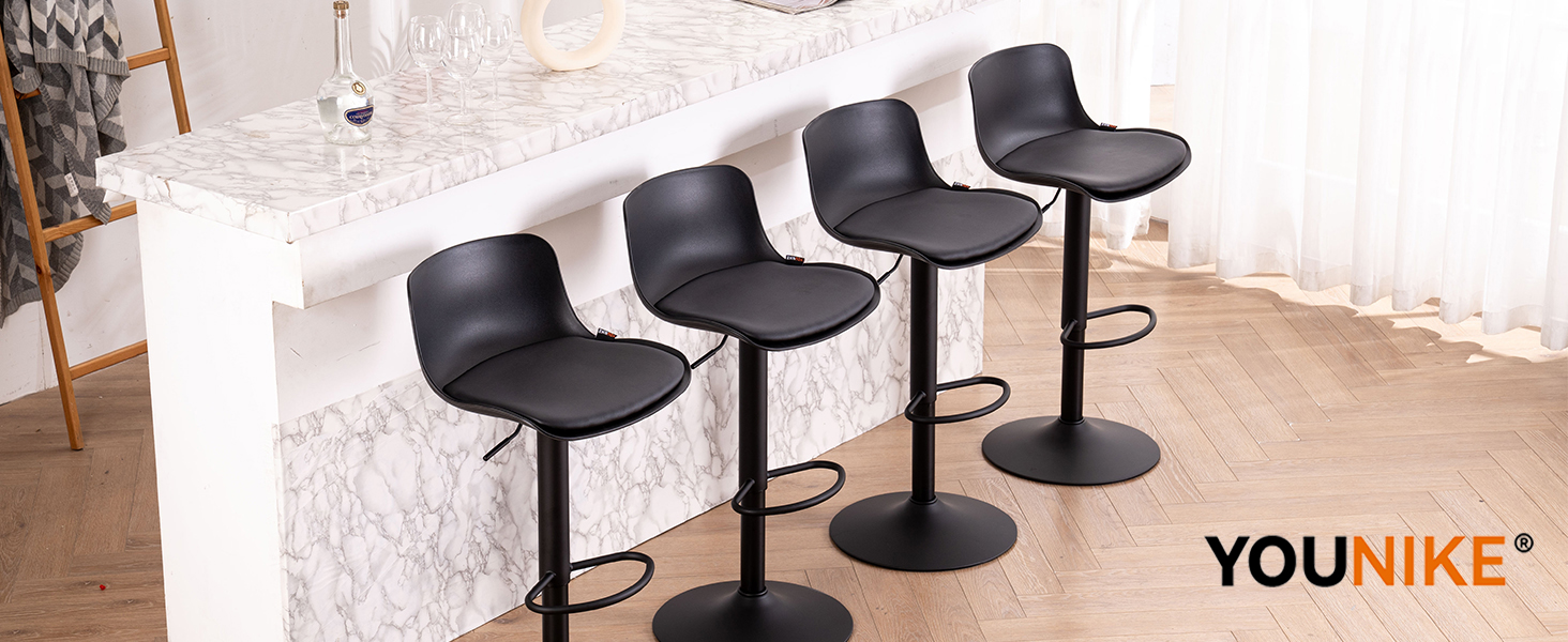 YOUNIKE Adjustable Bar Stools Set of 2 - Black Faux Leather Kitchen Bar Chairs with Backrest & Swivel - High Counter Stools for Kitchen Bar