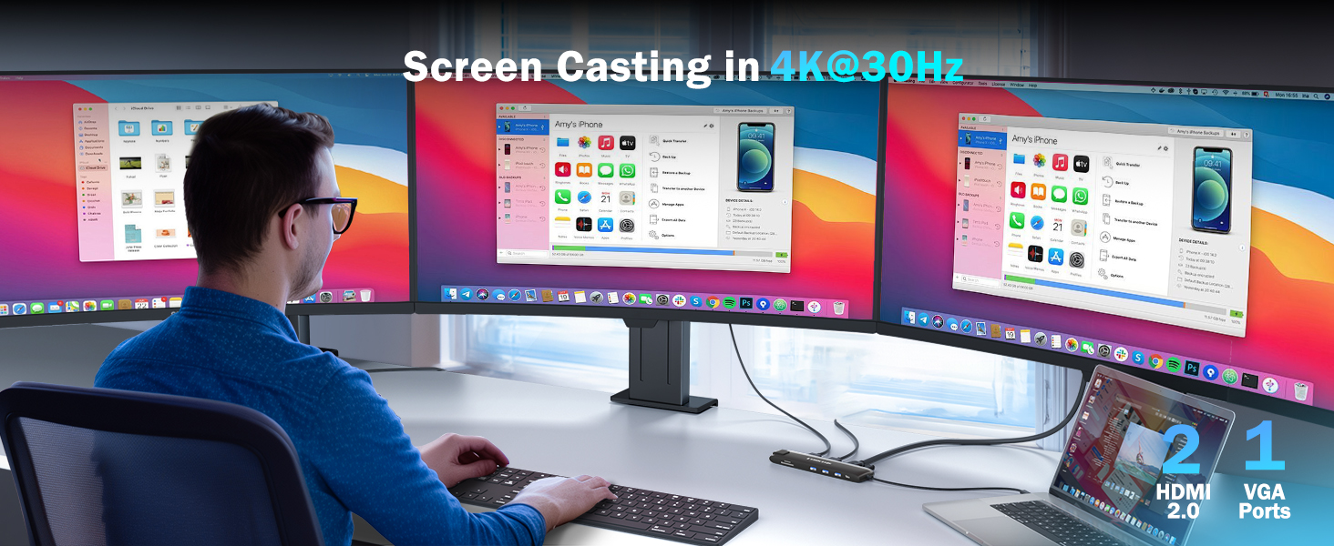 Док-станція Lemorele 13-в-1: USB-C/A, 10Gbps, 3 монітори, 2 HDMI 4K, Ethernet, 4 USB 3.2/2.0, VGA, Type-C 3.1, PD 100W, Audio, SD/TF, для Windows, MacBook