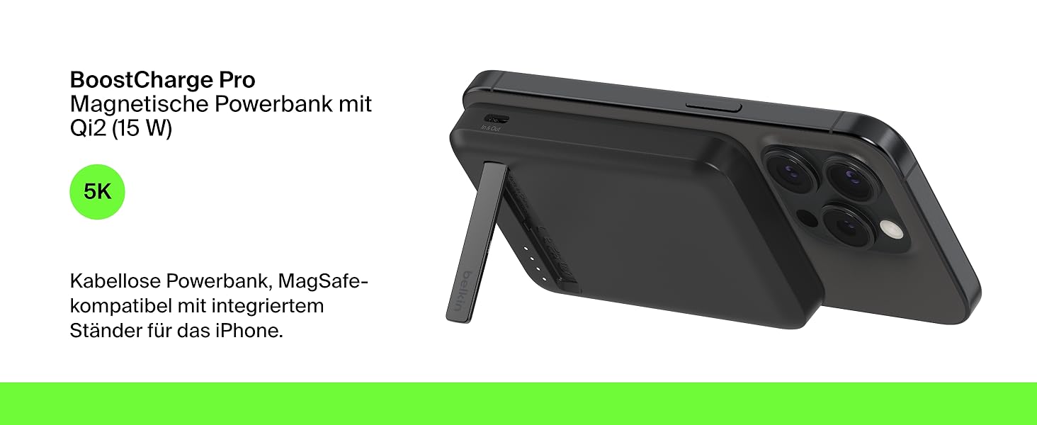 Belkin BoostCharge Pro Powerbank 5000mAh з Qi2 та MagSafe, чорний. Портативний зарядний пристрій з вбудованим підсвіткою, сумісний з iPhone 17, iPhone Air, iPhone 16, 15, 14, Pixel та ін.