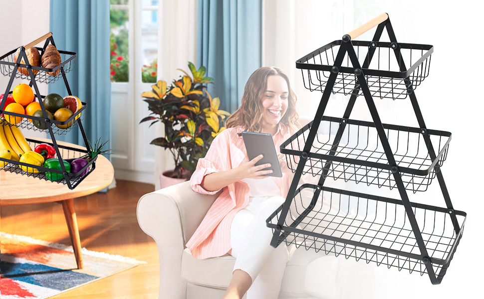 Багатоярусна металева підставка для фруктів та овочів MaxEarn - 3 яруси, велика місткість, з дерев'яною ручкою