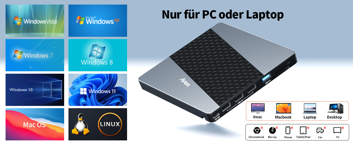 Зовнішній USB 3.0 CD/DVD-записувач Alxum з картридером SD/TF та додатковим USB-портом, Plug & Play для Windows, Linux, Mac OS, T039A