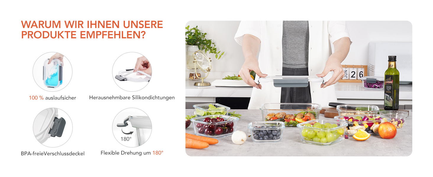 Скляні контейнери для зберігання їжі з кришками набір Frischhaltedosen: Meal Prep, мікрохвильова піч, морозилка, посудомийка, сірі