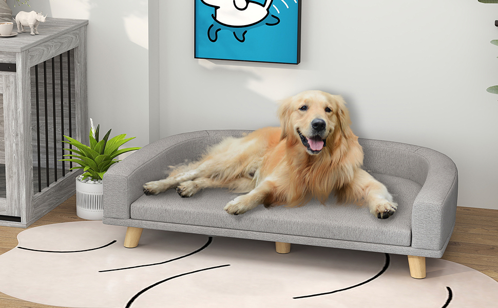 Софа для собак PawHut - зручне ліжко для великих собак з підлокітником, дерев'яними ніжками та знімним, пральним покриттям. Підходить для котів та собак вагою до 30 кг. Розміри: 98 x 67 x 25 см, колір: зелений (сірий).