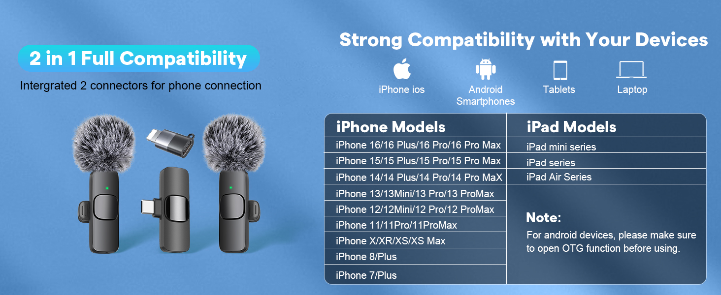 Бездротові кліп-мікрофони для iPhone/Android/комп'ютера/iPad - 2 шт. з шумозаглушенням для відеозйомки, Vlogging, TikTok, YouTube, Plug-and-Play