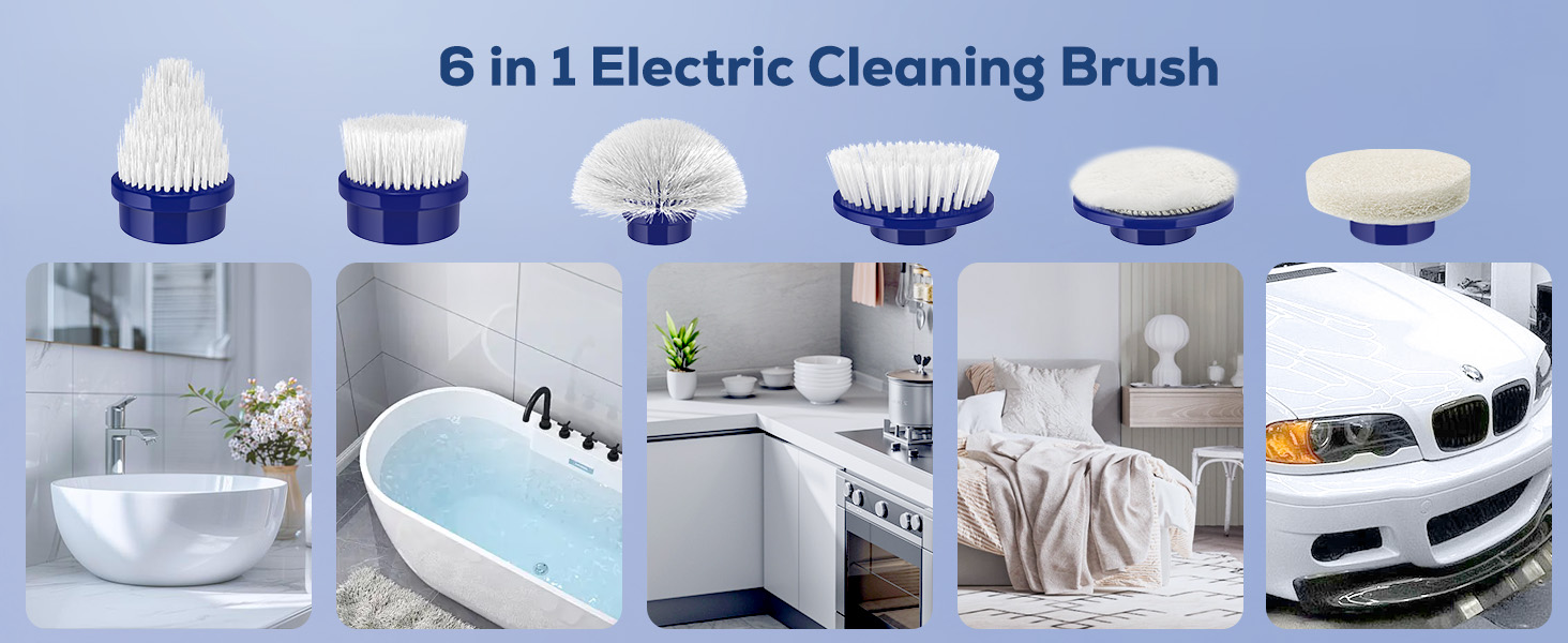 Електрична щітка для чищення, бездротова, 6 насадок, для кухні, авто, підлоги (чорно-синій)
