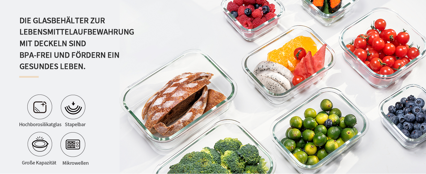 Набір скляних контейнерів для зберігання їжі з кришками з преміум-пластику, 10 шт. - блакитні