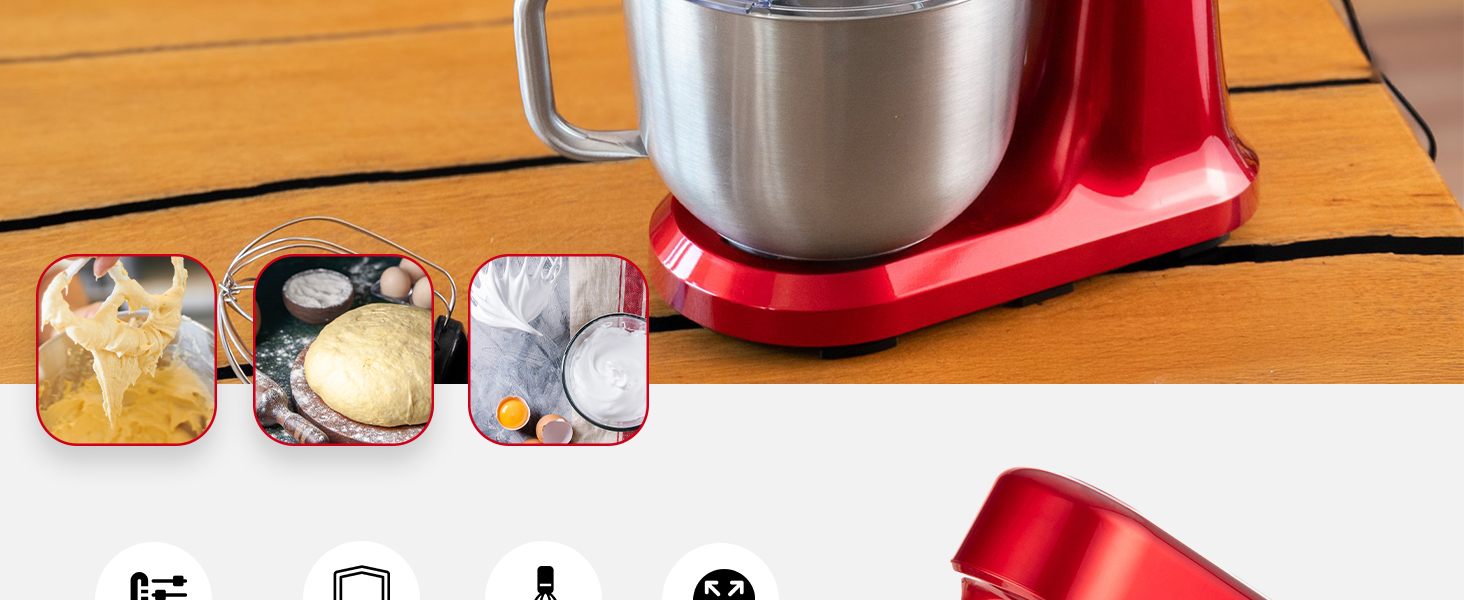 Кухонна машина LEHMANN 1500W з набором аксесуарів, планетарний міксер з чашею 5л, 12 швидкостей, захист від перегріву, червоний