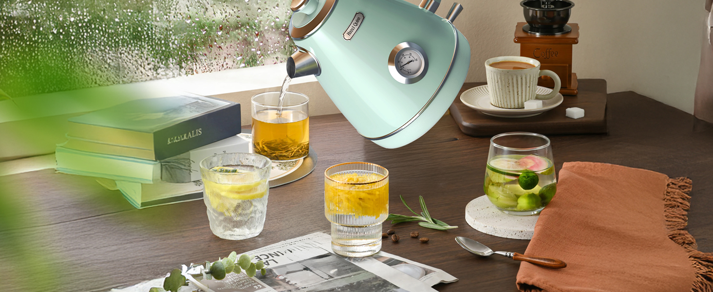 Електричний чайник Hazel Quinn Retro з термометром, з нержавіючої сталі, без пластику, 1.7 л, 2200 Вт, автоматичне відключення, вінтажний дизайн (М'ятно-зелений)