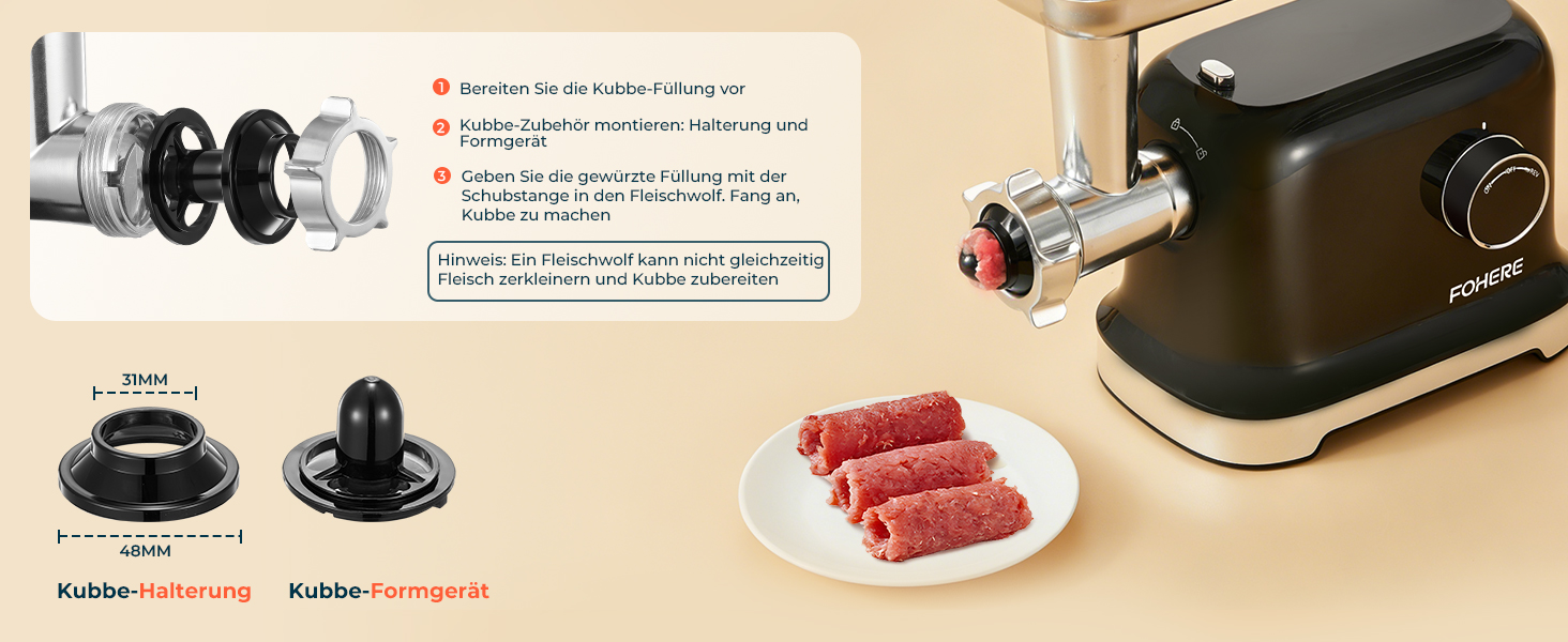 М'ясорубка електрична Fohere 2000 Вт з насадками для ковбас та кубів, 3 диски (7/5/3 мм), чорна