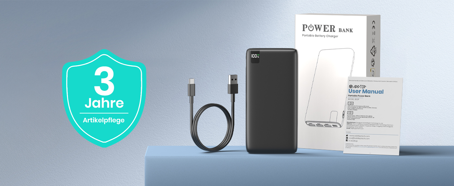 Power Bank A ADDTOP 26800mAh з LED дисплеєм та 4 виходами, 22.5W швидка зарядка, PD3.0, QC4.0, USB-C, для iPhone, Galaxy, Tablette, чорний