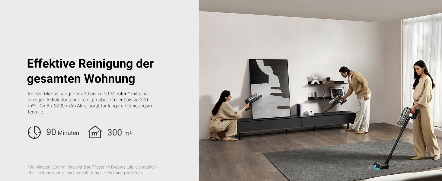 Dreame Z30 - Бездротовий пилосос з потужністю 190AW, 90 хвилин роботи, детекцією бруду, LED-дисплеєм та синім LED-підсвічуванням. Ідеально для прибирання дому, видалення шерсті тварин та килимів.