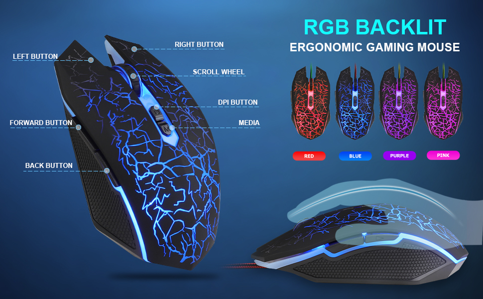 Ігровий набір клавіатури та миші: 114 клавіші QWERTZ DE, LED підсвічування, ергономічна миша з 4 кольорами, великий килимок, USB для PC/PS5/Xbox