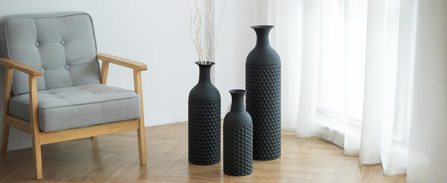 Vintage Black Tall Floor Vase Set of 3 - 68/51/41cm Metal Honeycomb Texture Matte Decorative Vase for Living Room, Dining Room, Bedroom, Office & Home Décor