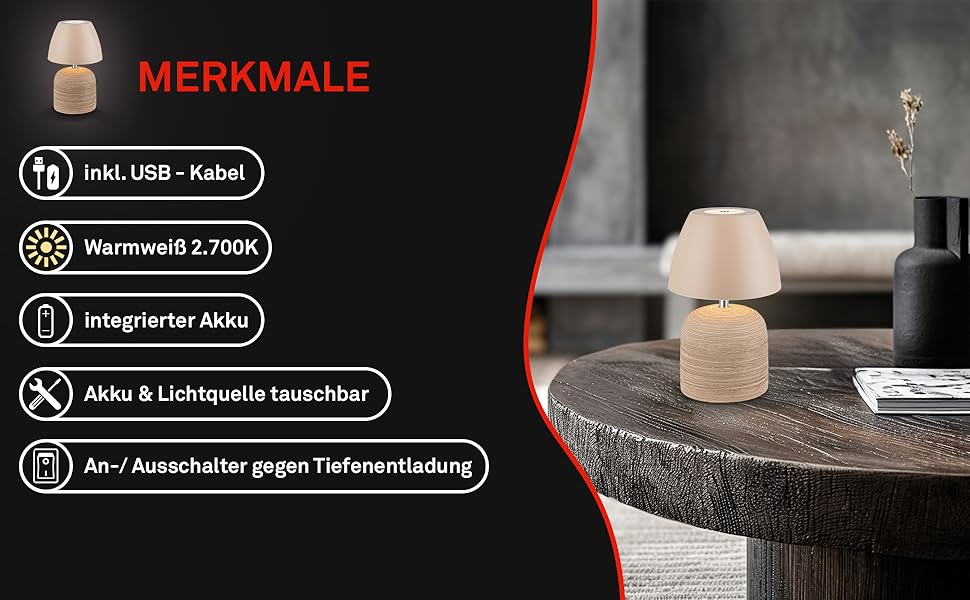 LED настільна лампа BRILONER бездротова IP44 з сенсором, диммуванням, керамічним цоколем, для дому та саду, 13,5x22 см, Бежева