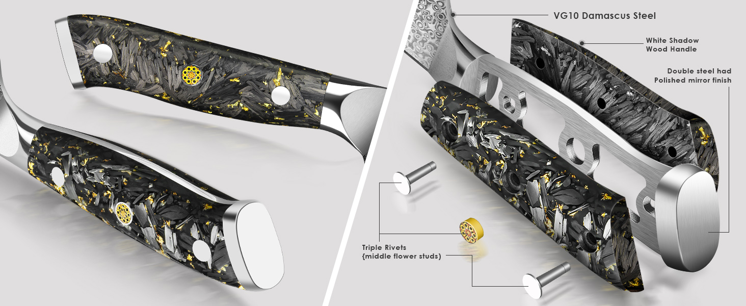 Набір кухонних ножів Kyushublade Damast (3 шт.) з нержавіючої сталі з карбонового руків'я та золотим декором