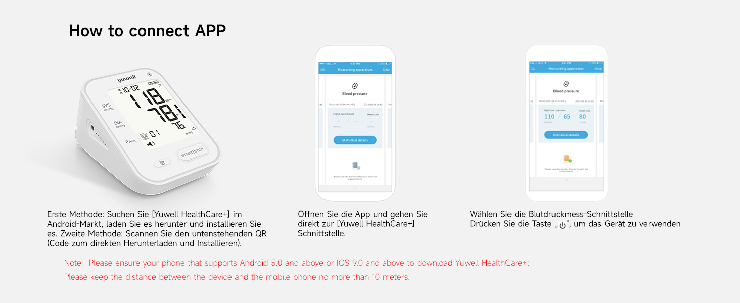 Тонометр Yuwell Intelligentes Oberarm з Bluetooth | Манжета 22-45 см, голосове повідомлення, підсвічування дисплея, акумулятор, додаток для iOS & Android (YE650AR)