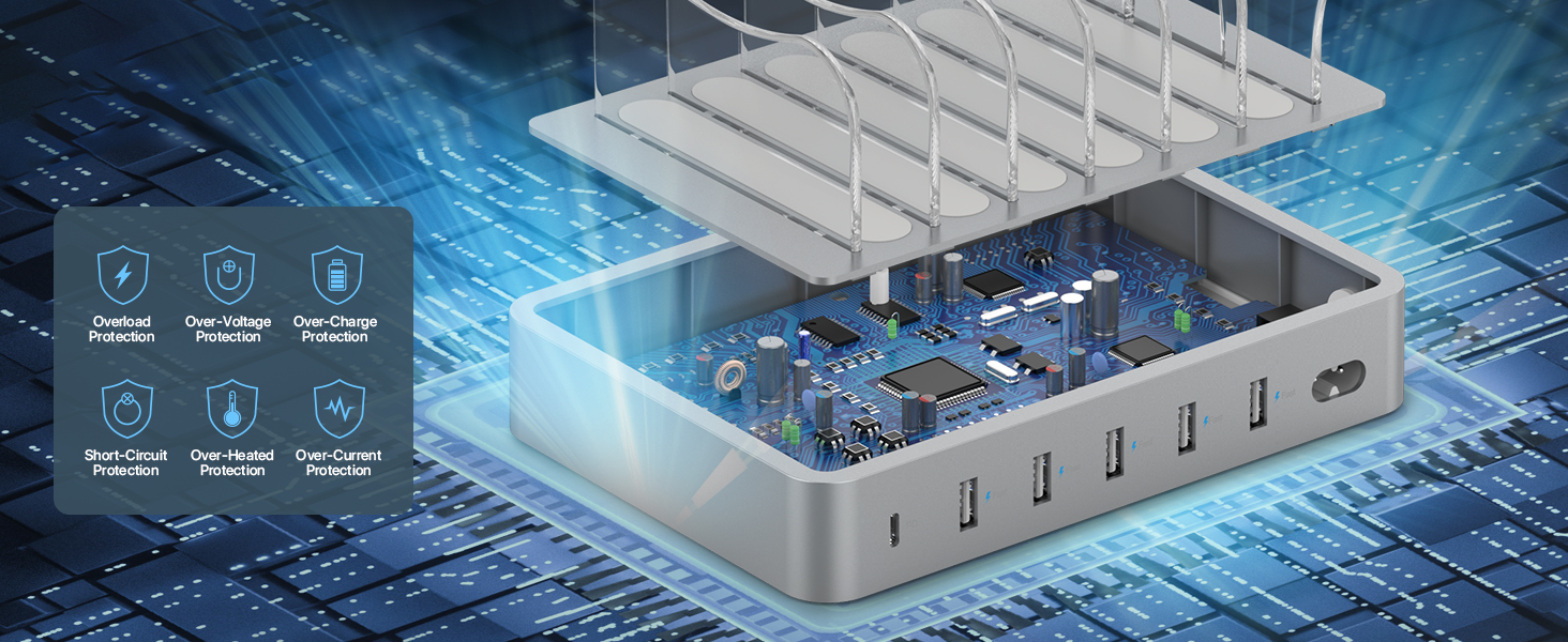 Зарядна станція SooPii USB 60W/12A з 6 портами, органайзер для декількох пристроїв з тримачем для Apple Watch, 6 кабелів в комплекті (срібло)