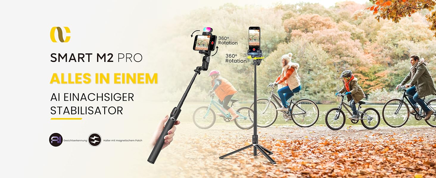 Стабілізатор для телефону AOCHUAN M2Pro Black з відстеженням обличчя, 4-в-1 RGB-підсвічування, 108 см, для iPhone та Android