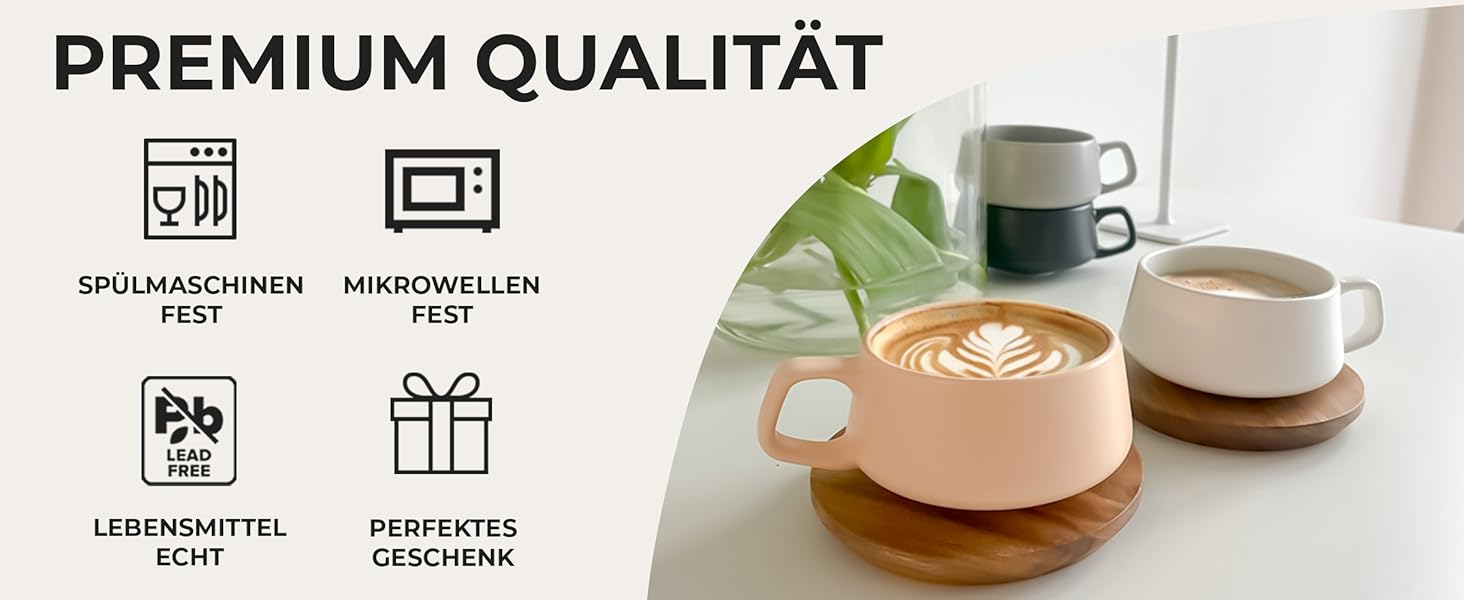 MIAMI - Set of 4 x 320 ml Coffee Cups/Cappuccino Cups with Saucers/Elegant/Modern/Coffee Cups made of Stoneware - Luxe Collection 4-Piece Set (Beige Pastel)