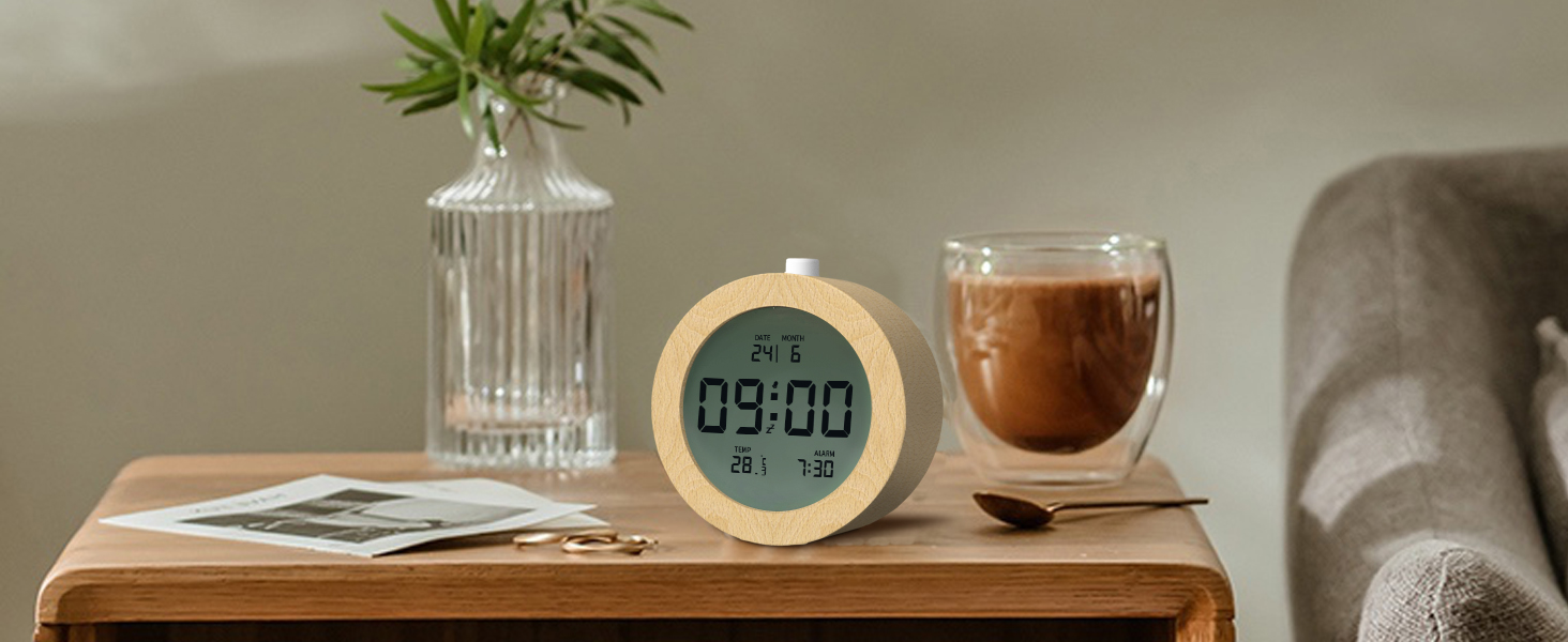 Цифровий будильник aboveClock з дерев'яним корпусом: LCD-дисплей з температурою та датою, функція Snooze, підсвічування, для спальні