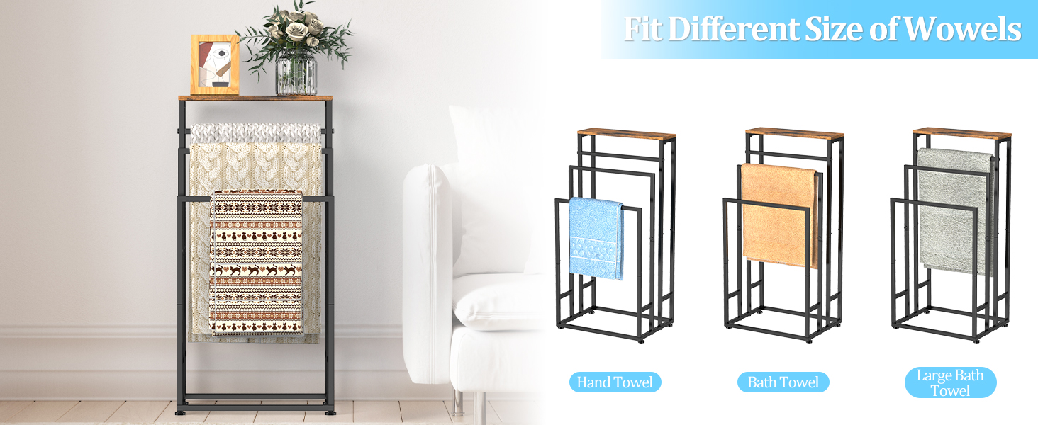 Підставка для рушників стояча, 3-ярусна з полицею з дерева, металева, з регульованими ніжками, для ванної кімнати та спальні, 40x30x82 см (колір: коричневий)