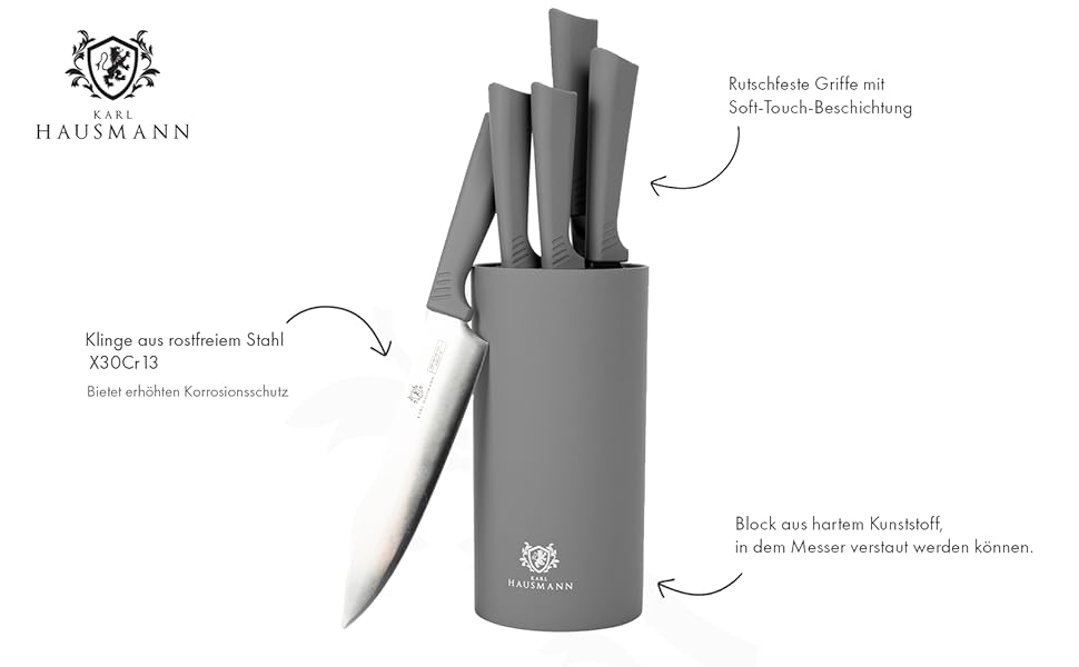 Набір ножів Karl Hausmann 5 предметів: набір ножів, ніжний блок, кухонні ножі з нержавіючої сталі (сірий)