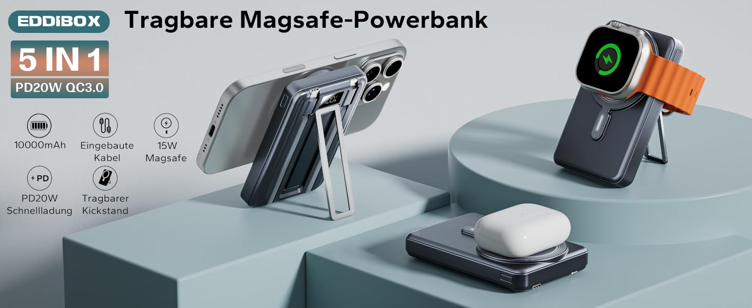 Power Bank Magsafe 10000mAh з USB-C, 20W PD, бездротова зарядка для iPhone, Apple Watch, AirPods (Чорний)