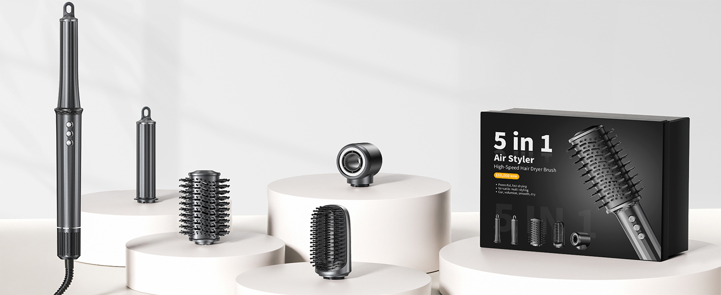 Айрстайлер 5 в 1: Іонний фен, плойка, щітка для об'єму, випрямляч, щітка-випрямляч. Швидке сушіння, об'єм, гладкість та блиск. Gunmetal
