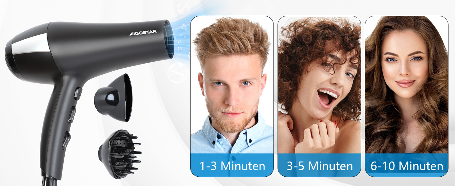 Фен Aigostar Monique 2400W з іонізацією, професійний, чорний, з насадкою-дифузором та аксесуарами